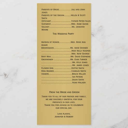 Hochzeitsprogramm für Golden Peacock Programm (Rückseite)