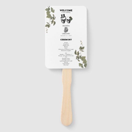 Hochzeitsprogramm für Gothic Heart Floral Skulls Fächer (Vorderseite)