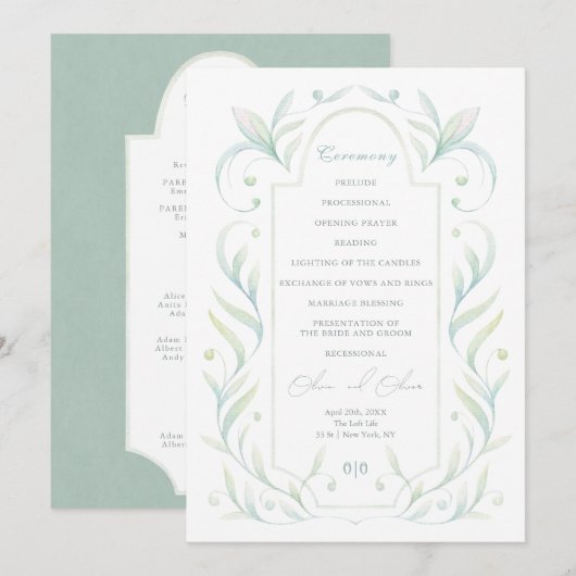 Hochzeitsprogramm für grüne Blätter Einladung (Vorne/Hinten)