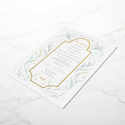 Hochzeitsprogramm für grüne Blätter Folieneinladung (Gedreht)