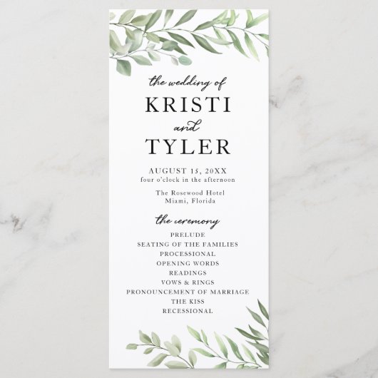 Hochzeitsprogramm für Grüne Blätter Programm (Vorderseite)