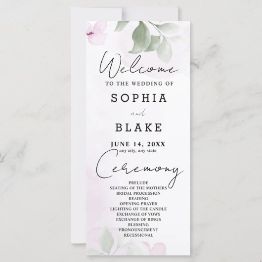 Hochzeitsprogramm für grüne Blätter und rosa Blume (Vorderseite)