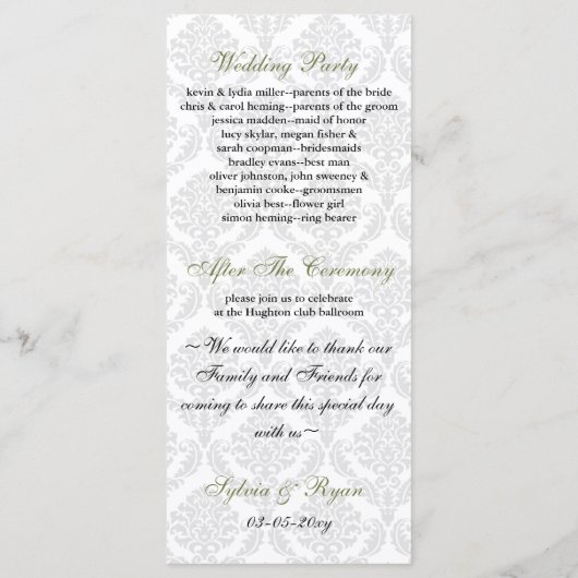 Hochzeitsprogramm für grüne Damme Programm (Rückseite)