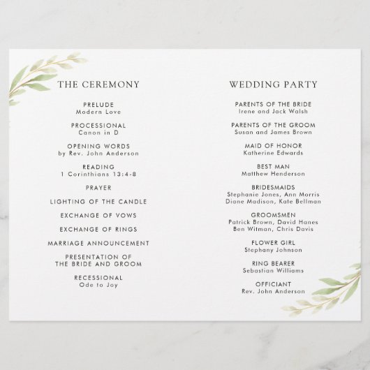 Hochzeitsprogramm für grüne Folienkranke (Rückseite)