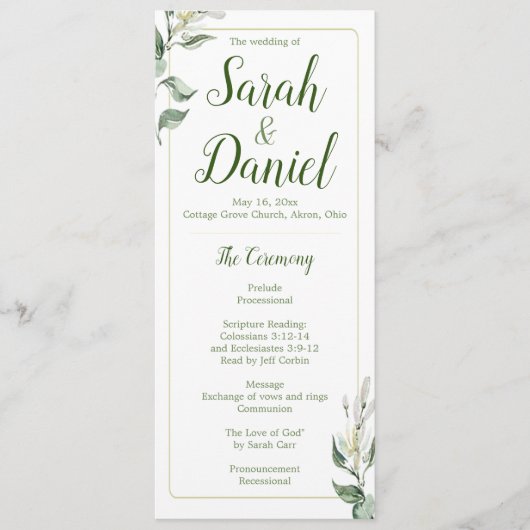 Hochzeitsprogramm für Grüne, Gold und Weiße Blumen Programm (Vorderseite)