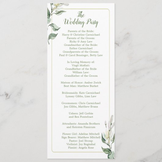 Hochzeitsprogramm für Grüne, Gold und Weiße Blumen Programm (Rückseite)