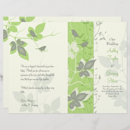 Hochzeitsprogramm für grüne Grauvögel und Reben (Vorne/Hinten)