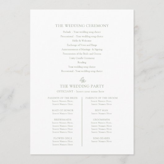 Hochzeitsprogramm für grüne Lilie dank Programm (Rückseite)