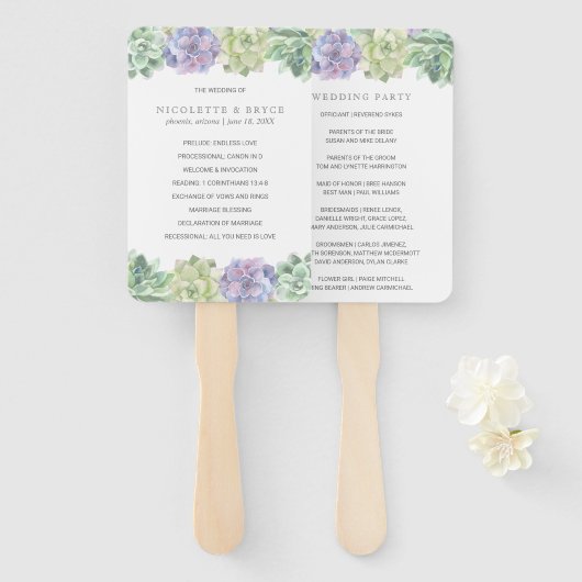 Hochzeitsprogramm für grüne und Lila Sukkulenten Fächer (Vorne und Hinten)