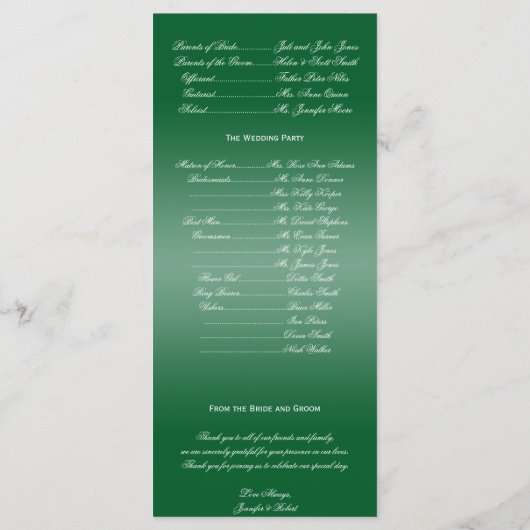 Hochzeitsprogramm für grüne und weiße Schneeflocke Programm (Rückseite)