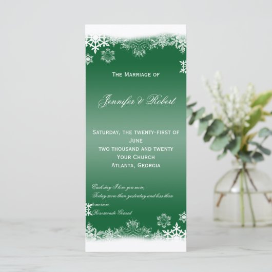 Hochzeitsprogramm für grüne und weiße Schneeflocke Programm (Stehend Vorderseite)