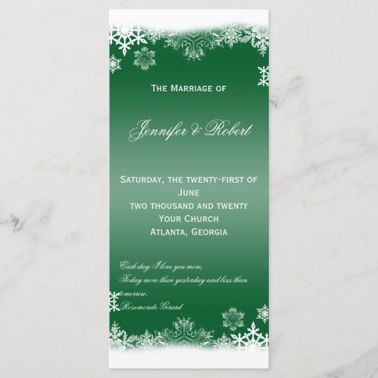 Hochzeitsprogramm für grüne und weiße Schneeflocke Programm (Vorderseite)
