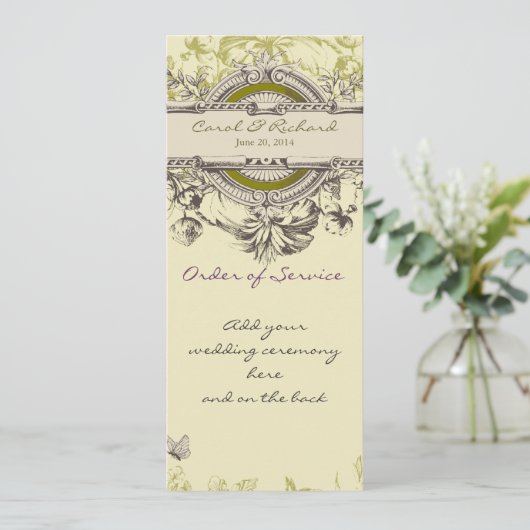 Hochzeitsprogramm für grüne Vintage Blumen Programm (Stehend Vorderseite)