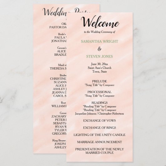 Hochzeitsprogramm für grüne Wasserfarben im Schwar Programm (Vorne/Hinten)