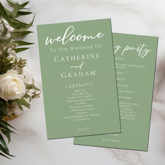 Hochzeitsprogramm für grüne weiße Typografie