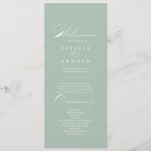 Hochzeitsprogramm für grüne Weißkalligrafie Programm (Vorderseite)