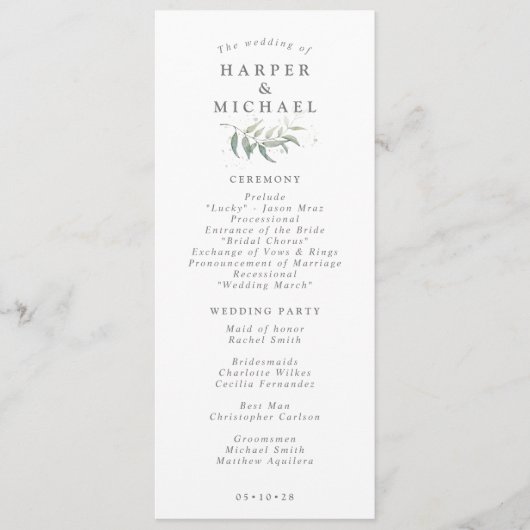 Hochzeitsprogramm für Grünpflanzen Programm (Vorderseite)