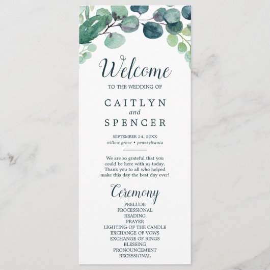 Hochzeitsprogramm für Grünpflanzen und Eukalyptus Programm (Vorderseite)