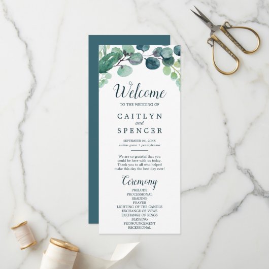 Hochzeitsprogramm für Grünpflanzen und Eukalyptus Programm (Vorderseite/Rückseite Beispiel)