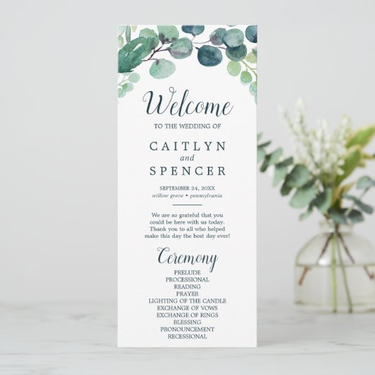 Hochzeitsprogramm für Grünpflanzen und Eukalyptus Programm (Stehend Vorderseite)