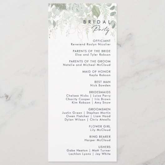 Hochzeitsprogramm für Grünpflanzen und Gold-Leaf Programm (Rückseite)