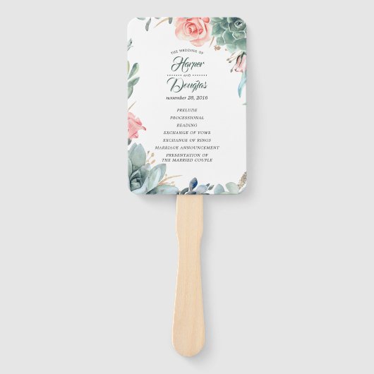 Hochzeitsprogramm für Grünpflanzen und Rosen in Ro Fächer (Vorderseite)