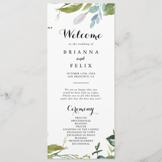 Hochzeitsprogramm für Grünpflanzen und Tropenkalli Programm (Vorderseite)