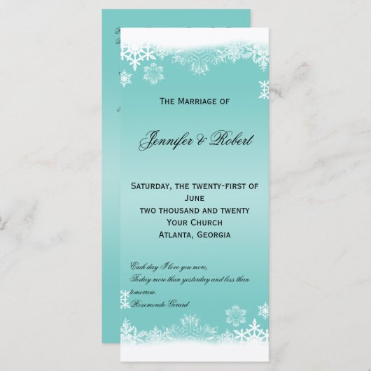 Hochzeitsprogramm für hellblaue und weiße Schneefl Programm (Vorne/Hinten)