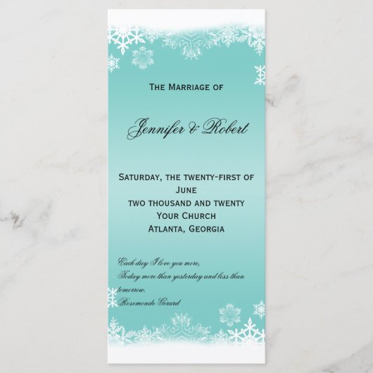 Hochzeitsprogramm für hellblaue und weiße Schneefl Programm (Vorderseite)