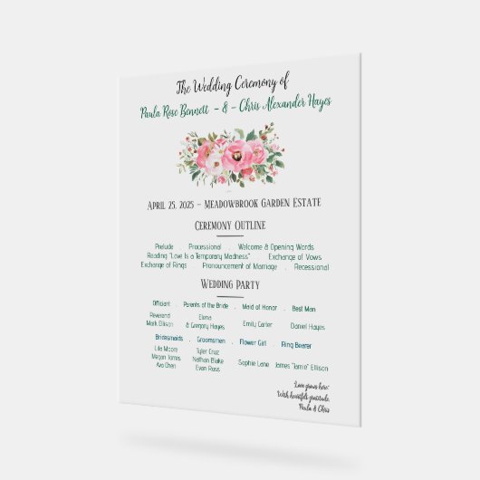 Hochzeitsprogramm für hellrosa Flora Acrylschild (Winkel)