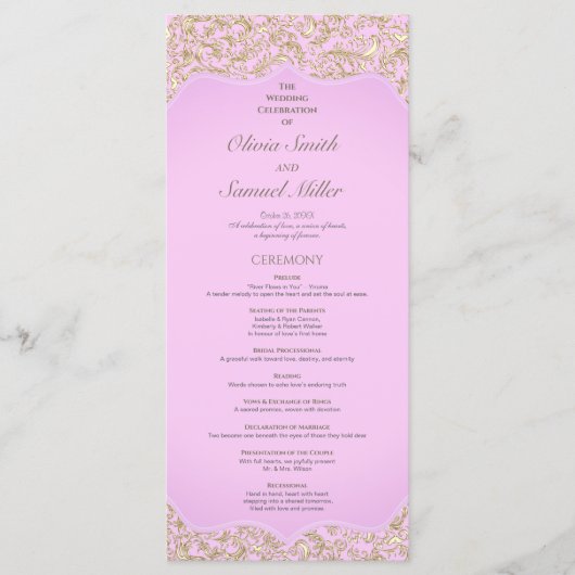 Hochzeitsprogramm für hellrosa und goldene Damasku Programm (Vorderseite)