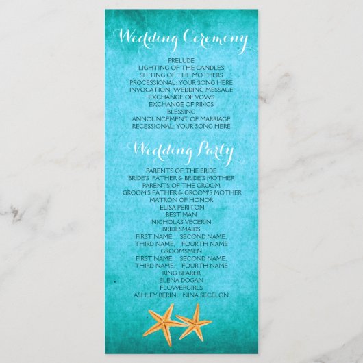 Hochzeitsprogramm für Hochzeiten am Strand Programm (Rückseite)