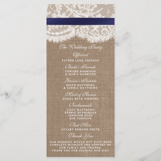 Hochzeitsprogramm für Hochzeiten auf Burlap- und S Programm (Rückseite)