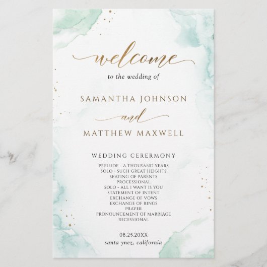 Hochzeitsprogramm für Hochzeiten in Blau und Grün (Vorderseite)