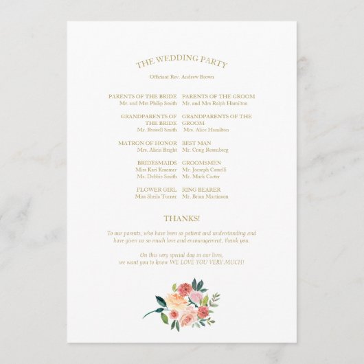 Hochzeitsprogramm für Hochzeiten in Gold Floral Programm (Rückseite)