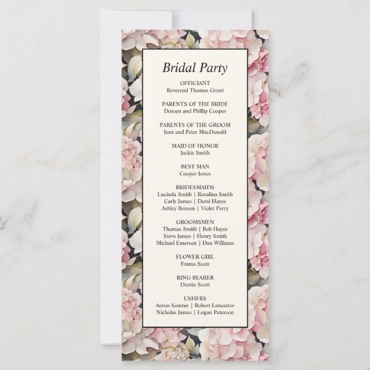 Hochzeitsprogramm für Hochzeitsfeiern in Rosa Hydr (Rückseite)