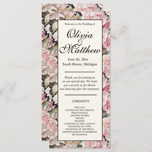 Hochzeitsprogramm für Hochzeitsfeiern in Rosa Hydr (Vorne/Hinten)