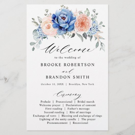 Hochzeitsprogramm für Hochzeitsfeiern mit blauem S (Vorderseite)