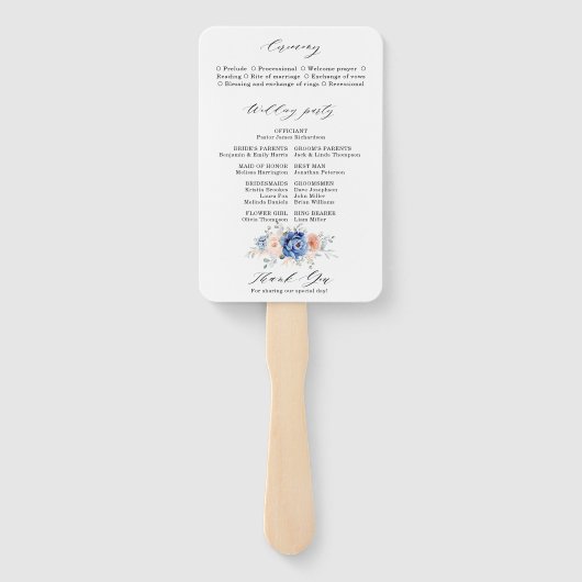 Hochzeitsprogramm für Hochzeitsfeiern mit blauem S Fächer (Rückseite)