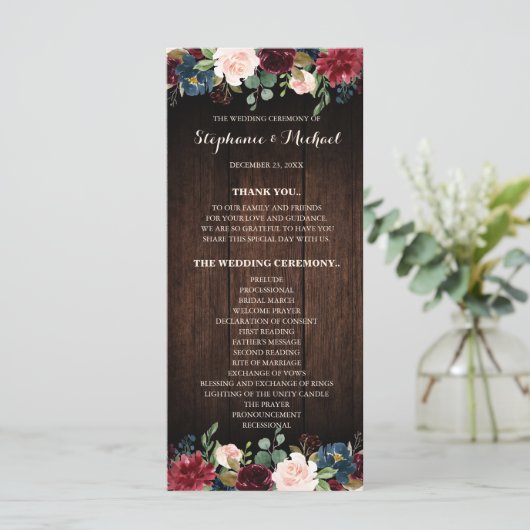 Hochzeitsprogramm für Holz aus Burgund, Rote Navy Programm (Stehend Vorderseite)