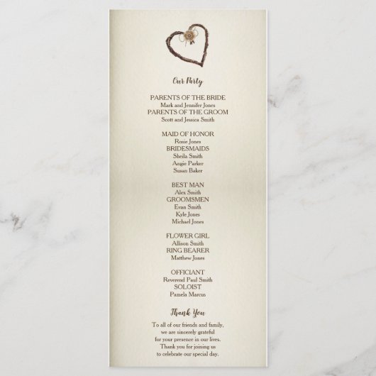 Hochzeitsprogramm für Holz, Burlap & Twine Heart Programm (Rückseite)