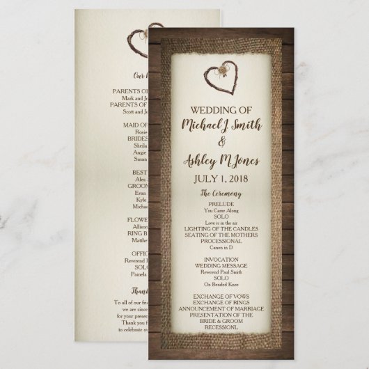 Hochzeitsprogramm für Holz, Burlap & Twine Heart Programm (Vorne/Hinten)