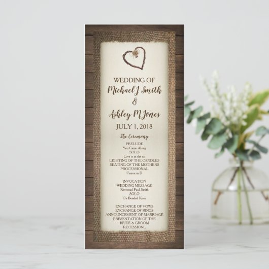 Hochzeitsprogramm für Holz, Burlap & Twine Heart Programm (Stehend Vorderseite)