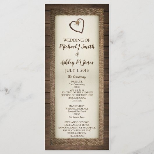Hochzeitsprogramm für Holz, Burlap & Twine Heart Programm (Vorderseite)