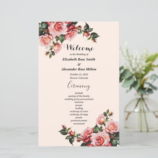 Hochzeitsprogramm für hübsche rosa rote Rosen (Stehend Vorderseite)