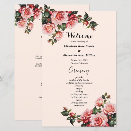 Hochzeitsprogramm für hübsche rosa rote Rosen (Vorne/Hinten)