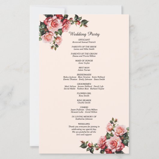 Hochzeitsprogramm für hübsche rosa rote Rosen (Rückseite)