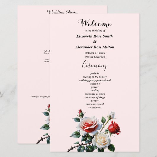 Hochzeitsprogramm für hübsche, rosa rote Rosen (Vorne/Hinten)