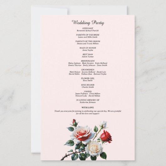 Hochzeitsprogramm für hübsche, rosa rote Rosen (Rückseite)