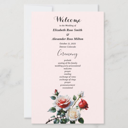 Hochzeitsprogramm für hübsche, rosa rote Rosen (Vorderseite)
